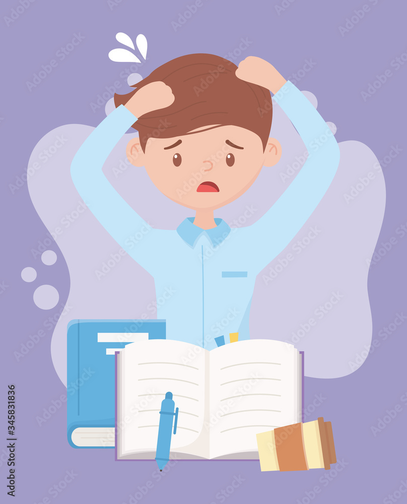 stress at work, tired employee with books pen and coffee cup stress at work, tired employee with books pen and coffee cup