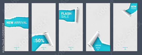 Story template kit with paper torn. Set with paper design for business stories, photographer, blogger. Social media kit template for discount and special offer.