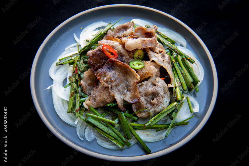 Fried Beef Brisket with garlic chives salad Fried Beef Brisket with garlic chives salad