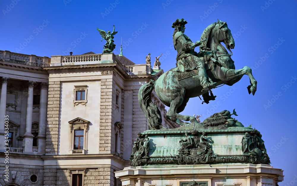 Vienna, Austria - May 18, 2019 - Statue of Prince Eugene of Savoy in front of Hofburg Palace in Vienna, Austria.