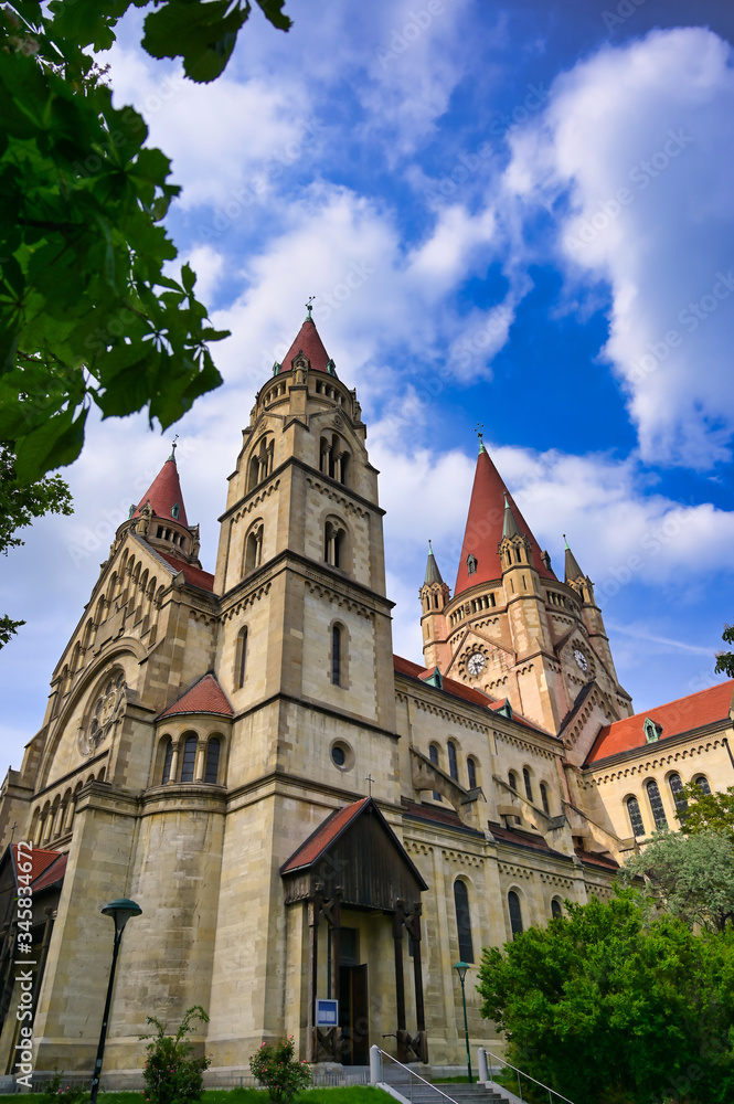 Fototapeta premium Vienna, Austria - May 18, 2019 - St. Francis of Assisi Church, also known as the Emperor's Jubilee Church and the Mexico Church, is a Basilica style Catholic church in Vienna, Austria.