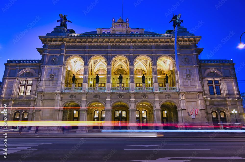Vienna, Austria - May 18, 2019 - The Vienna State Opera located in Vienna, Austria at night.
