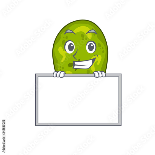 Smiling cyanobacteria cartoon design style has a board