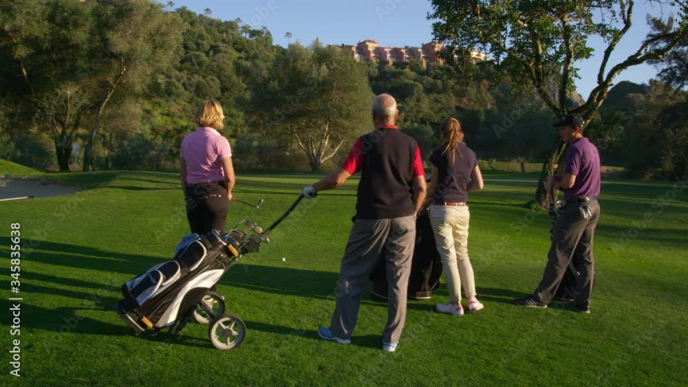 WS DS Group of golfers on fairway, mature woman taking shot WS DS Group of golfers on fairway, mature woman taking shot