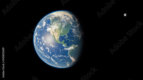 North America from Space during Day - Canada, United States of America and Mexico - Planet Earth and Moon - The Blue Marble - 3D Illustration © Darryl