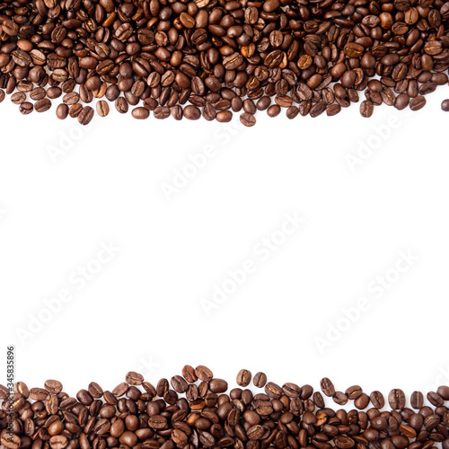 Roasted coffee beans close up background on isolated white background square￼