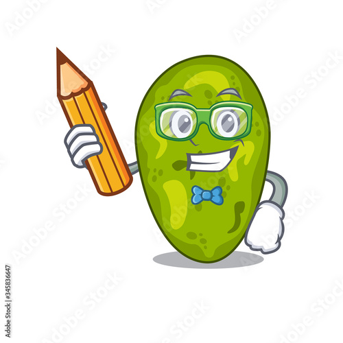 A brainy student cyanobacteria cartoon character with pencil and glasses