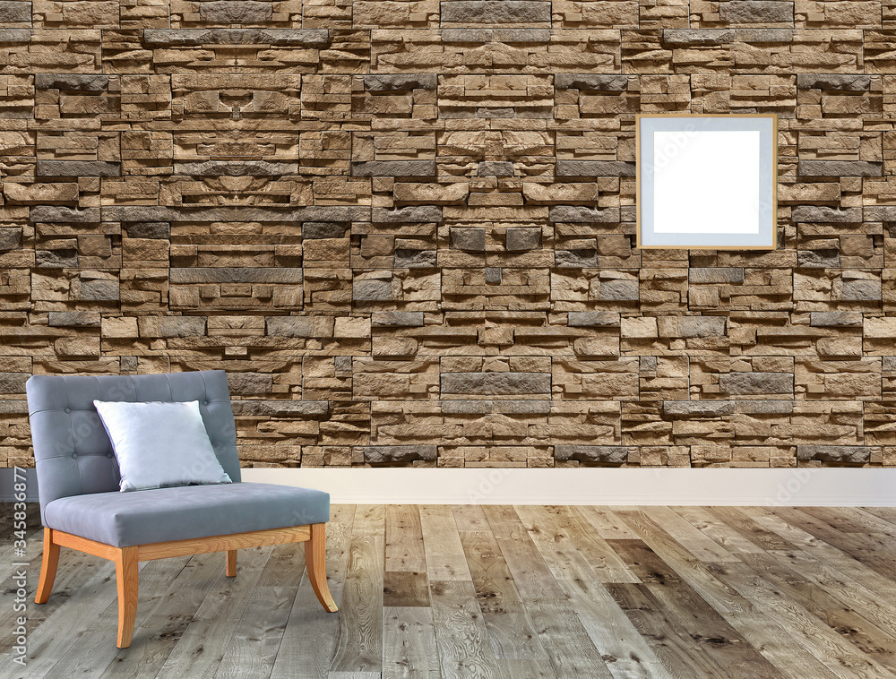 gray armchair and interior design in bright empty space. 3D illustration gray armchair and interior design in bright empty space. 3D illustration