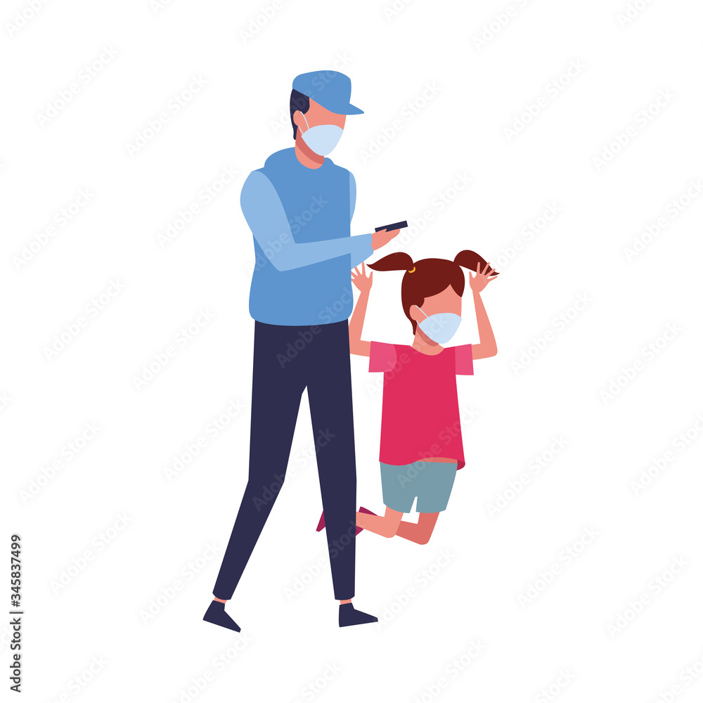 father and daughter using face masks characters