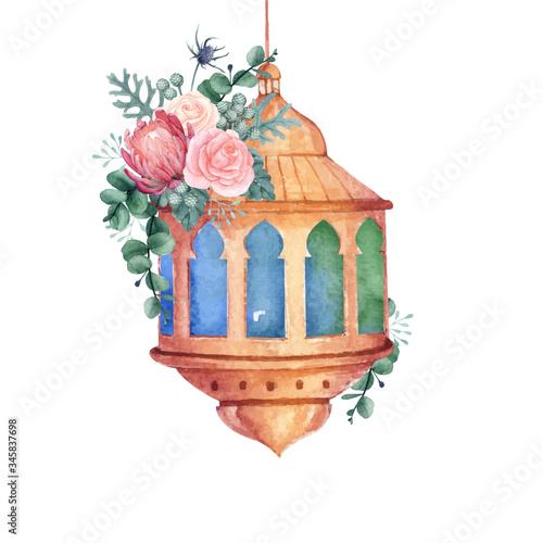 Watercolor Morocco Lamp with Beautiful Floral Illustration
