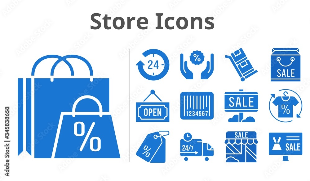 store icons set. included online shop, shopping bag, 24-hours, sale, shop, shirt, price tag, discount, delivery truck, barcode, open, trolley icons. filled styles. store icons set. included online shop, shopping bag, 24-hours, sale, shop, shirt, price tag, discount, delivery truck, barcode, open, trolley icons. filled styles.