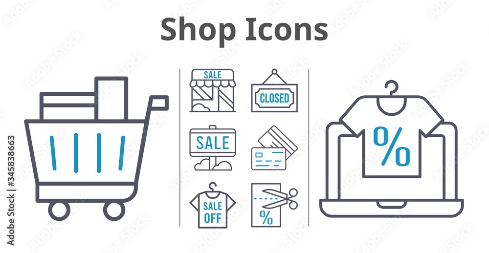 shop icons set. included online shop, sale, shop, shirt, voucher, shopping cart, closed, credit card icons. bicolor styles. shop icons set. included online shop, sale, shop, shirt, voucher, shopping cart, closed, credit card icons. bicolor styles.