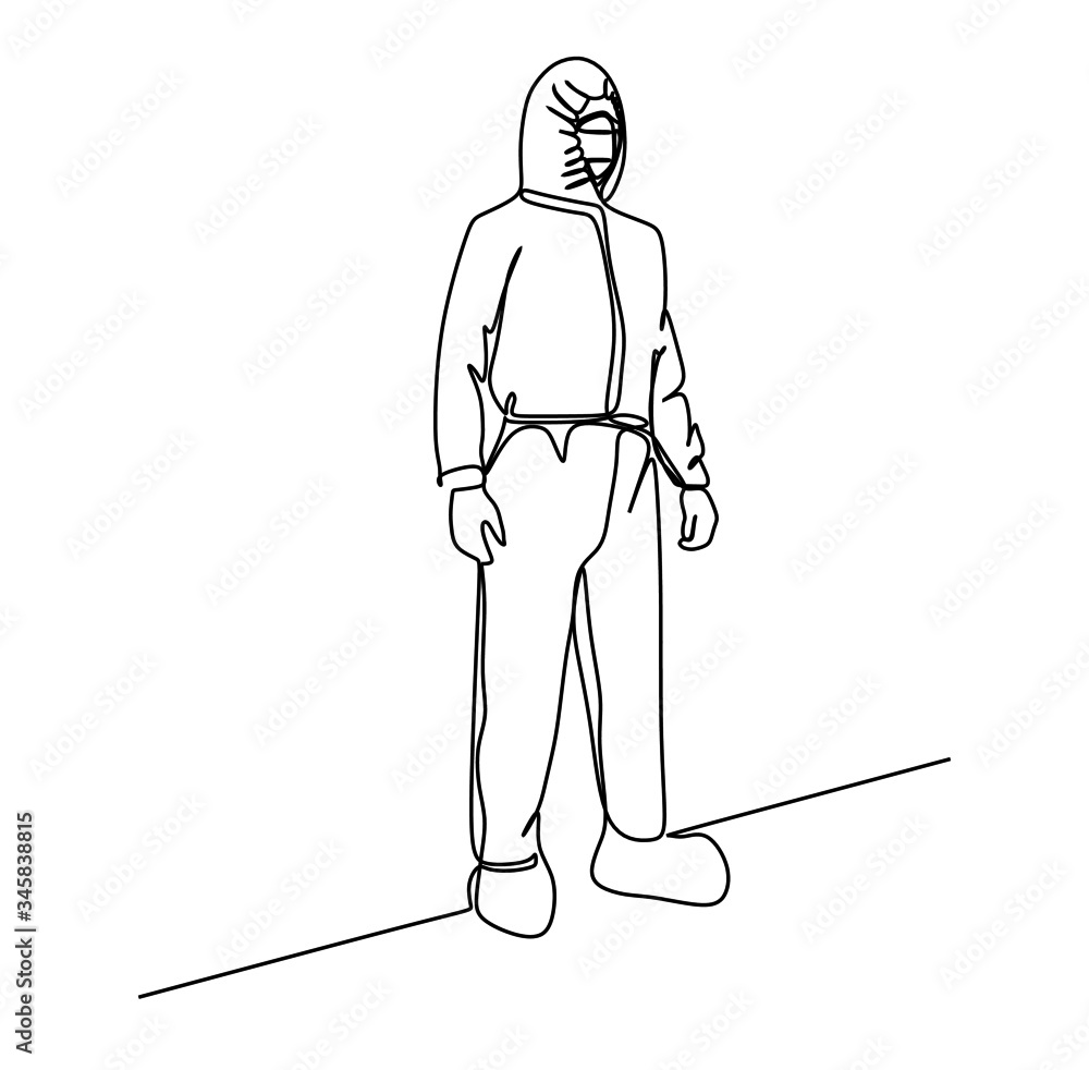 Obraz premium Man in protective suit - Continuous single line hand drawing vector illustration