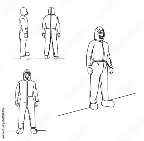 Man in protective suit from front view - Continuous single line hand drawing vector illustration set