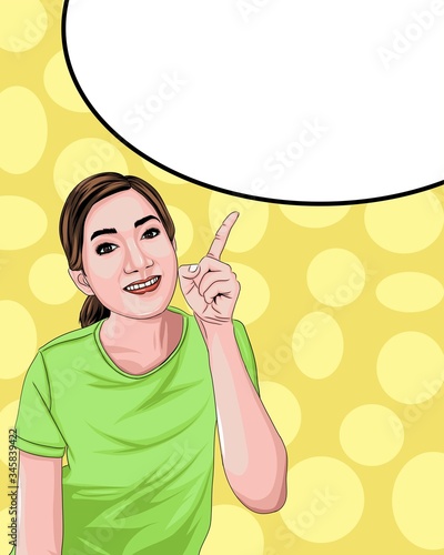 The woman was pointing her finger at the space. She smiled, glad, excited to see what was there. Suitable for advertising.