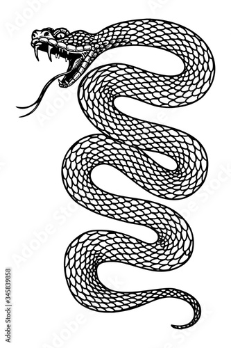 Illustration of poisonous snake  in engraving style. Design element for logo, label, emblem, sign, badge. Vector illustration