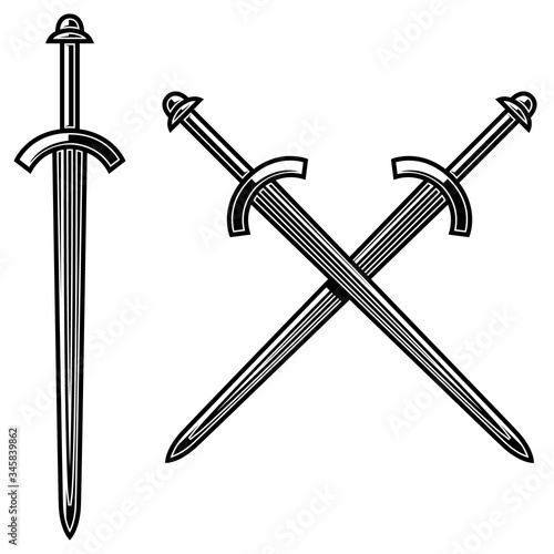 Illustration of crossed knight swords in engraving style. Design element for logo, label, emblem, sign. Vector illustration