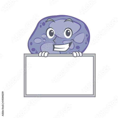 Smiling Blue planctomycetes cartoon design style has a board