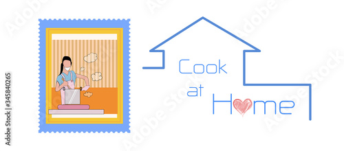2D Flat vector, a woman is cooking at home background, creative design illustration, creative illustration symbol healthy background, safty first from covid-19 concept.