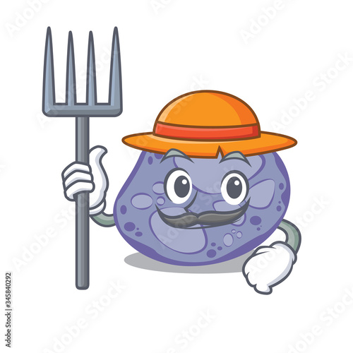 Cartoon character design of blue planctomycetes as a Farmer with hat and pitchfork