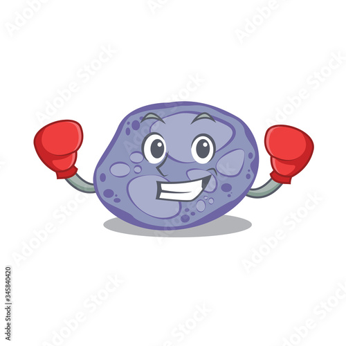 A sporty boxing athlete mascot design of blue planctomycetes with red boxing gloves