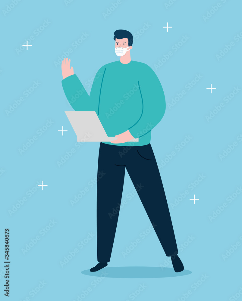 young man using face mask with laptop vector illustration design young man using face mask with laptop vector illustration design