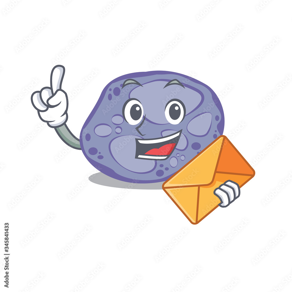 Happy blue planctomycetes mascot design concept with brown envelope Happy blue planctomycetes mascot design concept with brown envelope
