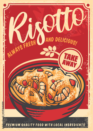 Risotto dish with shrimps and spice. Retro restaurant food menu vector poster design.