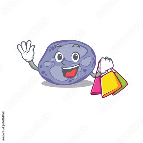 Rich and famous blue planctomycetes cartoon character holding shopping bags