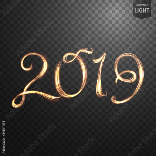 Glowing 2019 on transparent background, Abstract light speed motion effect