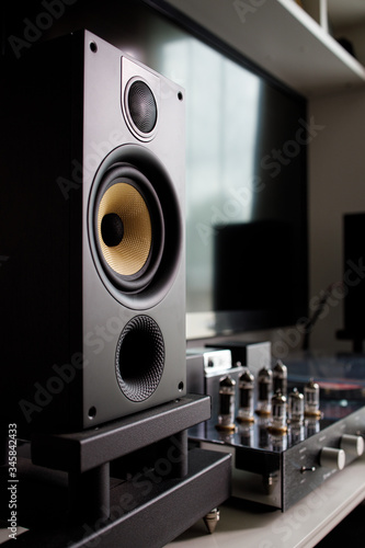 audio speaker with tube amplifier and turntable blur background