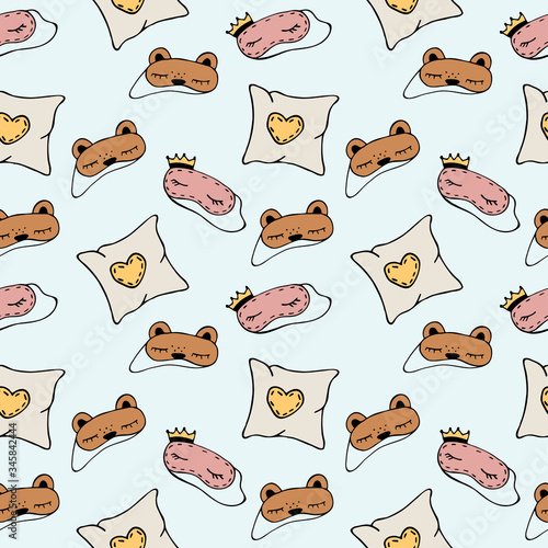 Seamless pattern sleep accessories, pillow and mask for sleeping on a light background. Doodle, simple outline illustration. It can be used for decoration of textile, paper and other surfaces.
