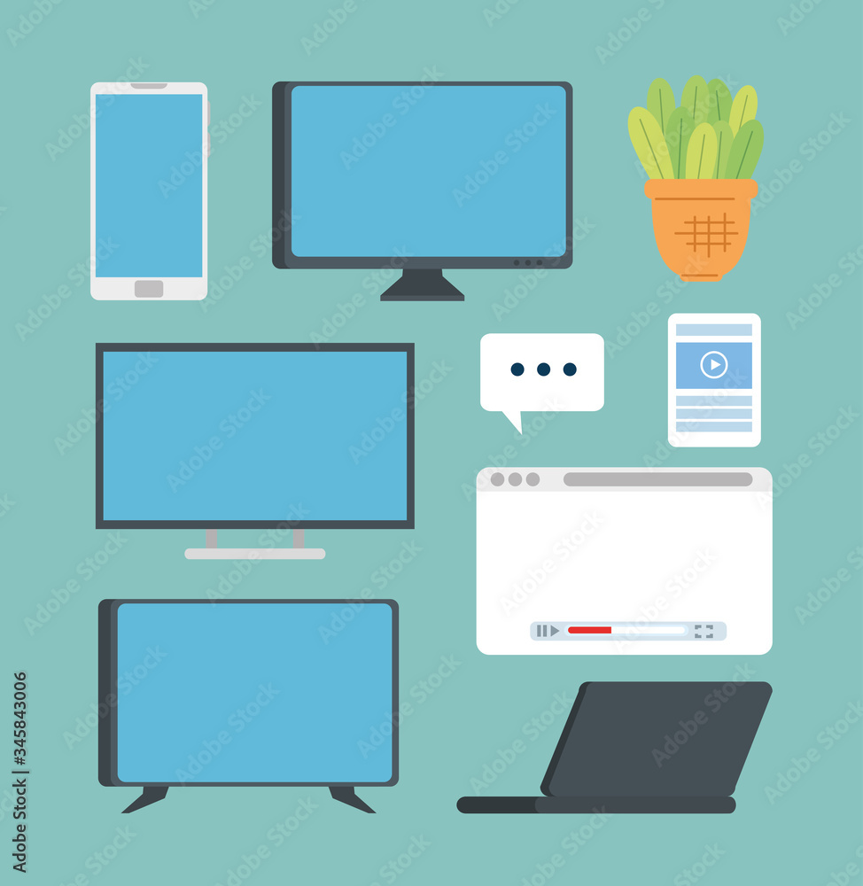set of devices electronics with pot plant vector illustration design set of devices electronics with pot plant vector illustration design