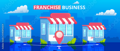 Franchise store vector illustration. Marketing network.Minimal flat banner with building and city on background