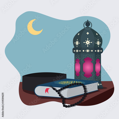 Lantern, alquran, tasbih, and peci vector illustration