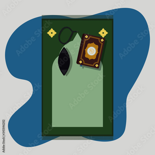 Peci, alquran, muslim tasbih and sajadah vector illustration. Praying of moslem concept