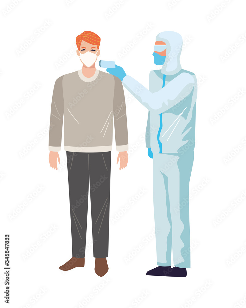 worker using biosafety suit with thermometer and person worker using biosafety suit with thermometer and person
