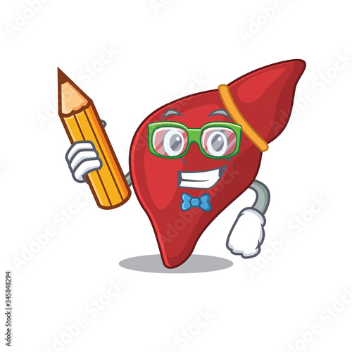 A brainy student healthy human liver cartoon character with pencil and glasses