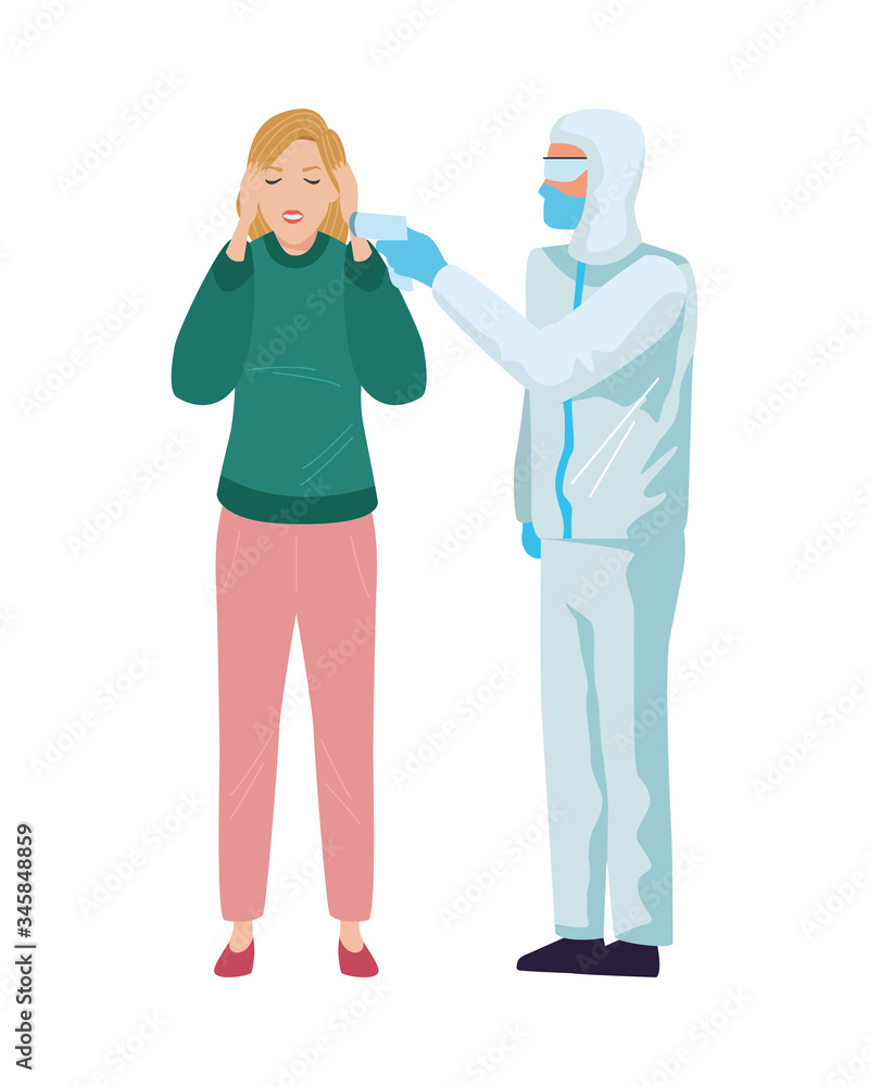 worker using biosafety suit with thermometer and woman worker using biosafety suit with thermometer and woman