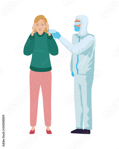 worker using biosafety suit with thermometer and woman
