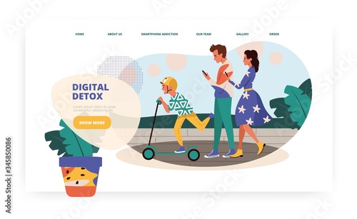 Mobile phone addicted parents walk in a park with their kid. Smartphone addiction family concept illustration. Vector web site design template. Landing page website illustration.