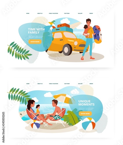 Family vacation on a beach concept illustration. Family travel by car with kid. Vector web site design template. Landing page website illustration. © Wanlee
