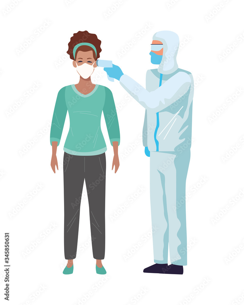 worker using biosafety suit with thermometer and woman