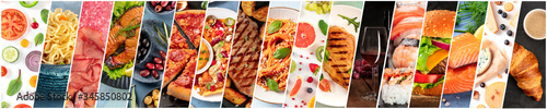 Food collage design template. Various tasty dishes, including a burger, a pizza, pasta, beef steak. A restaurant menu cover or a groceries shop flyer