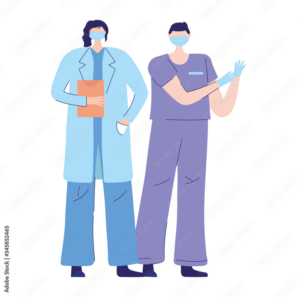 thanks doctors nurses, female physician with medical mask and male professional thanks doctors nurses, female physician with medical mask and male professional