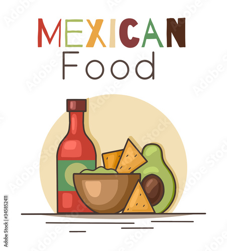Mexican food. Avocado guacamole with nachos corn chips, spicy sauce and lettering. Contour illustration of national cuisine. Vector picture with calligraphy for menus, logos, recipes and your design.