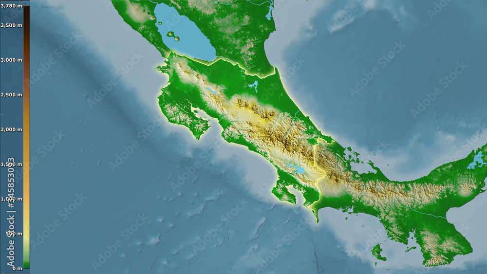 Costa Rica, topographic physical - light glow Costa Rica, topographic physical - light glow