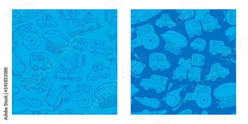 set of two seamless patterns with a toy cartoon steam train, cars, plane, tractor, helicopter, ambulance and aerostat