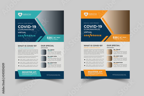 Coronavirus and Covid 19 virtual Conference Flyer Template Design with a4 size,Flyer design for Covid-19 Coronavirus concept, COVID-19 dangerous virus flyer poster brochure