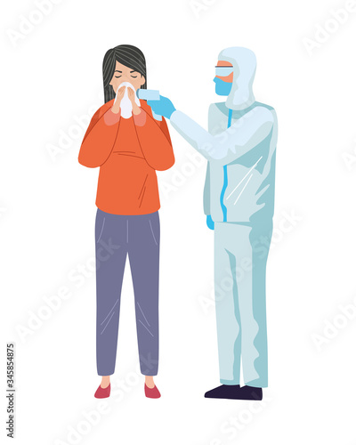 worker using biosafety suit with thermometer and woman